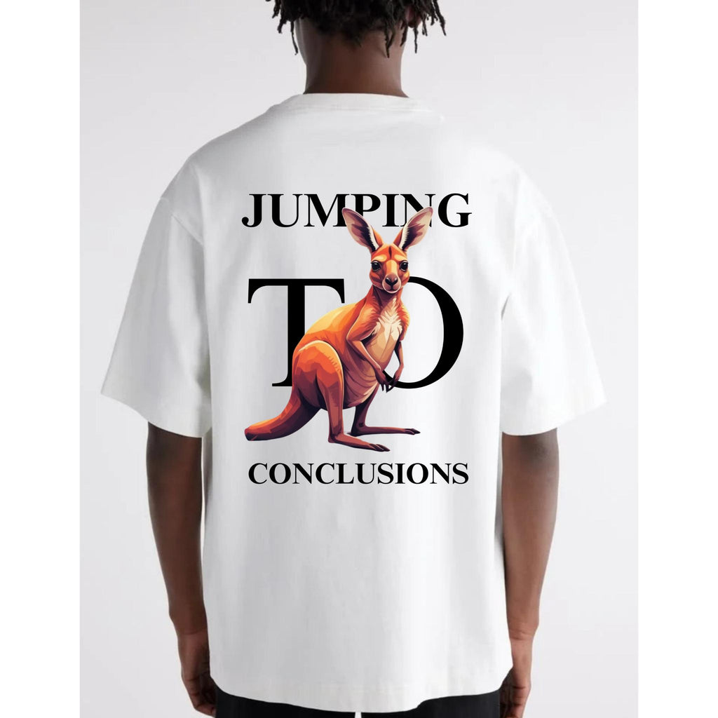 White t-shirt with a kangaroo graphic and text on the back, worn by a person.