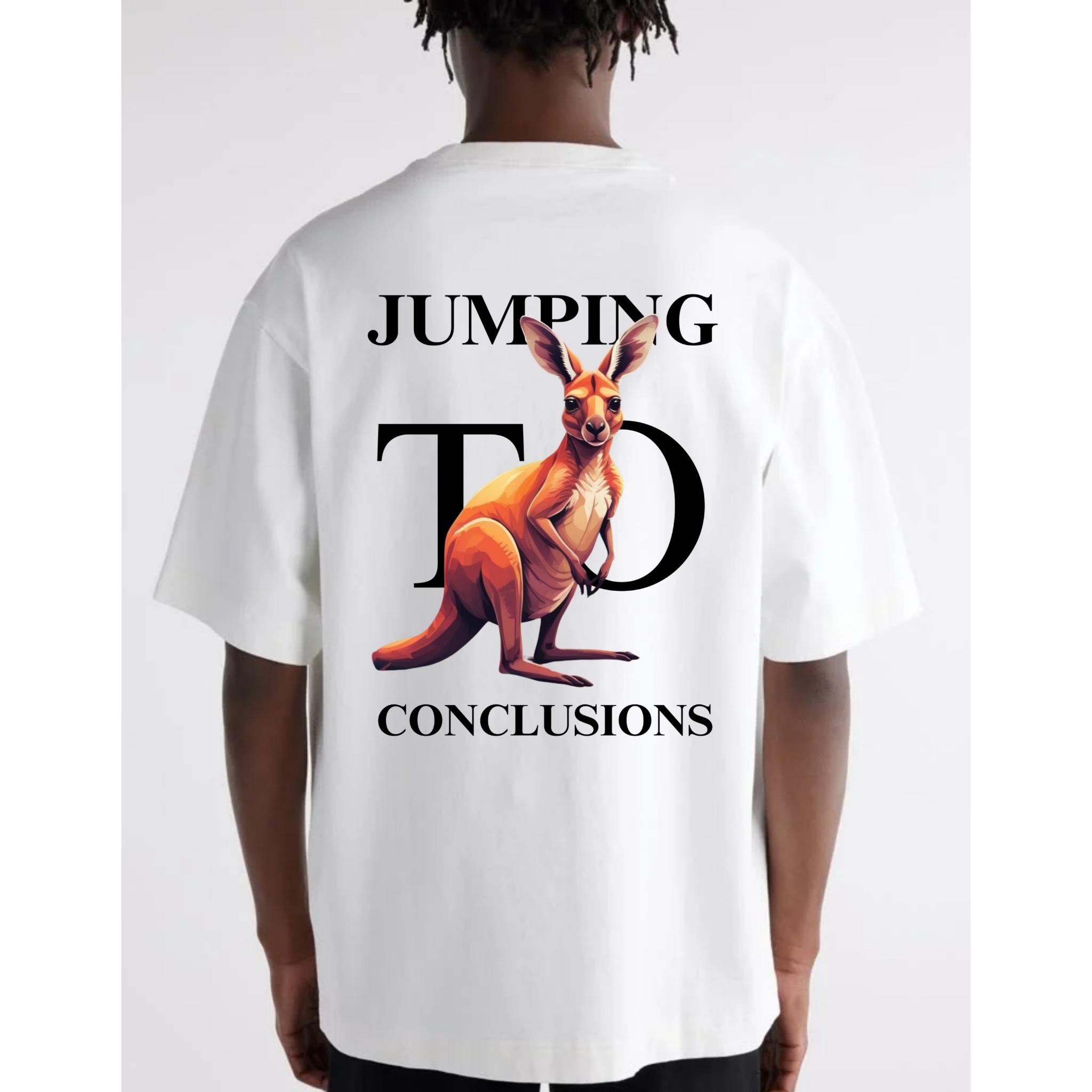 White t-shirt with a kangaroo graphic and text on the back, worn by a person.